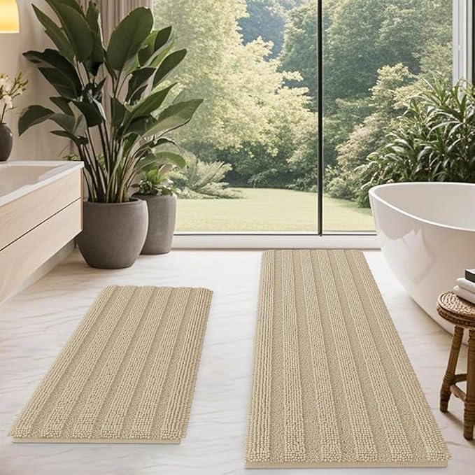 ACCUMTEK Striped Beige Bathroom Rug Mat Set 2 Piece 32"x20"+60"x20" Ultra Soft, Non Slip Chenille Bath Rugs, Absorbent Plush Shaggy Bath Mats for Bathroom, Bedroom, Kitchen, Shower, Tub