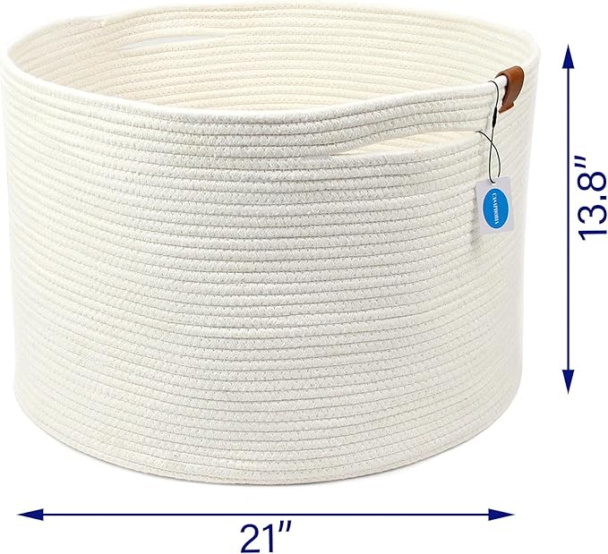 Casaphoria XXXLarge Cotton Rope Basket for Living Room - Woven Storage Basket with Handle for Blankets, Towels and Pillows Laundry Hamper | cream white (21" x 21" x 13.8")