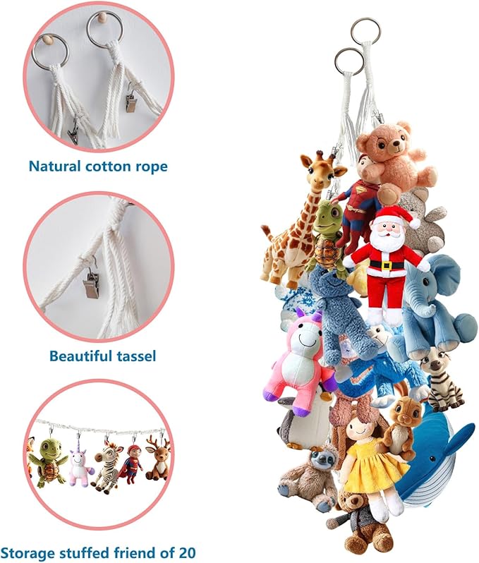 2 Pcs 80” Cotton Hanging Storage Chains for Stuffed Animal, Each Boho Display Chain Comes with 20 Metal Clips, Nursery Hanging Storage Organizer for Wall or Corner Nursery playroom (Beige)