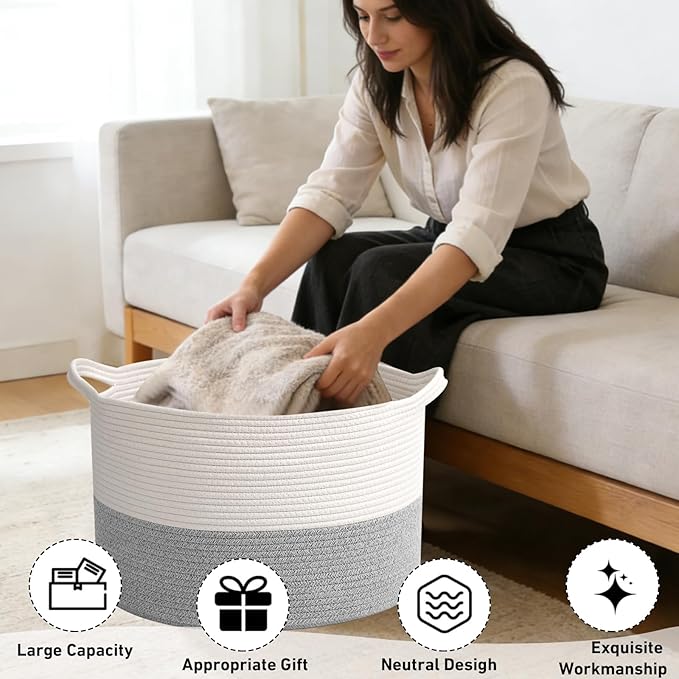 115L Large Blanket Basket,23.6" L x 23.6" W x 15.7" H Rope Woven Baskets with Handles, Toys Storage Bins,Laundry Basket Perfect for Living Room, Nursery,Bedroom,Home Organization,White&Grey