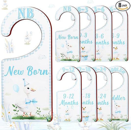 Baby Closet Dividers 8PCS, Blue Goose Themed Wooden Double-Sided Clothes Size Hanger Organizer from Newborn to Toddler for Nursery Decor Baby Shower Birthday Gift