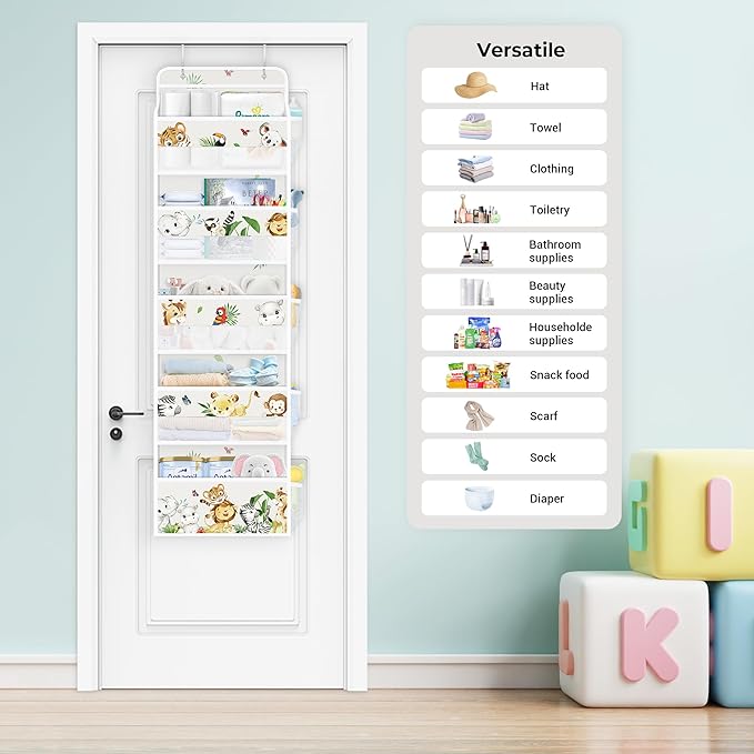 Clastyle Elephant Lion Kid Over The Door Organizer Storage Tropical Leaf 5 Shelves Closet Nursery Hanging Shelves Clothes Diaper Stuffed Animal Toy Storage for Newborn Baby Essential
