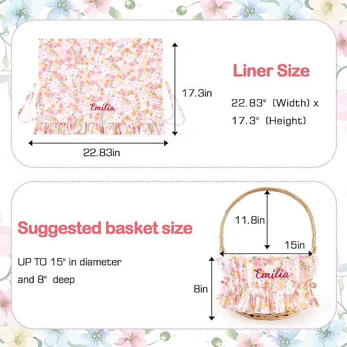 MT WORLD Kids Easter Basket Liner Only Personalized Flower Easter Basket Liner with Embroidered Name Custom Easter Gift for Toddler Girls Baby First Easter Gifts