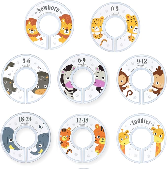 HarperLynn Baby Closet Dividers - Set of 8 Jungle Safari Nursery Clothes Organizers - Size Newborn Infant to Toddler - Elephant Lion Giraffe Zebra Designs