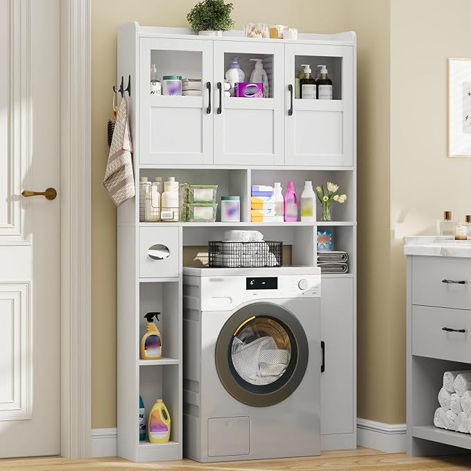 Over The Toilet Cabinet,Farmhouse Toilet Cabinet Rack with 3 Acrylic Doors and Adjustable Storage Shelf,Space Saving Bathroom Organizer with Toilet Paper Holder Stand for Restroom, Laundry，White