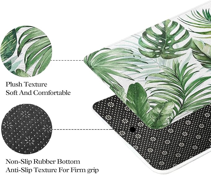 Green Leaf Plant Imitation Cashmere Bathroom Mat Rug - Rubber Non-Slip Absorbent Soft Bathroom Rugs for Bathtub Shower Sinks (17" W x 27" L)