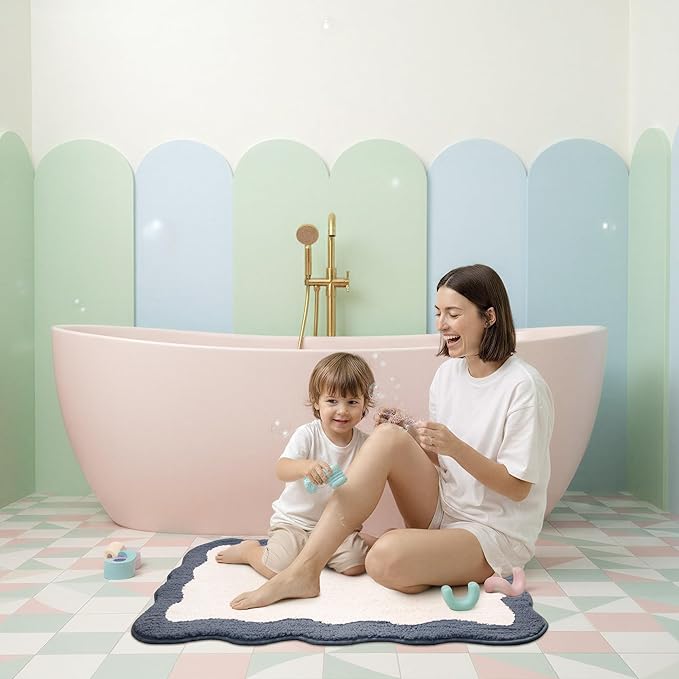 GRANNY SAYS Waved Deep Blue Bathroom Rugs, 32" x 20", Non-Slip Bath Mats for Bathroom, Plush Shag Absorbent Microfiber Ultra Soft Scalloped Bath Mat, Cute Washable Rug for Tub, Shower, Bedroom