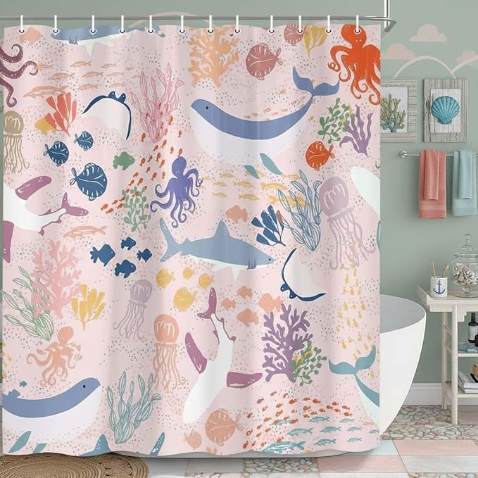 60x70 inch Kids Shower Curtain - Pink Boho Ocean Animals Underwater Cartoon Bathroom Decor with Shark & Fish for Girls, Nautical Theme Bathtub Curtain