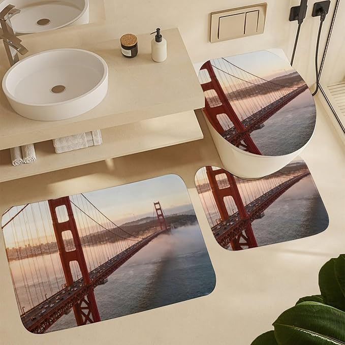 4 Piece Bathroom Rug Set with Shower Curtain, Non-Slip Bath Mat Toilet Cover Set, Golden Gate Bridge Bathroom Rug Sets