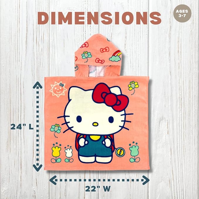 Hello Kitty Kids Beach/Pool/Bath/Camping Hooded Towel Poncho 24" X 22", Absorbent Cotton Cover up, (Official Licensed Sanrio Product) by Franco
