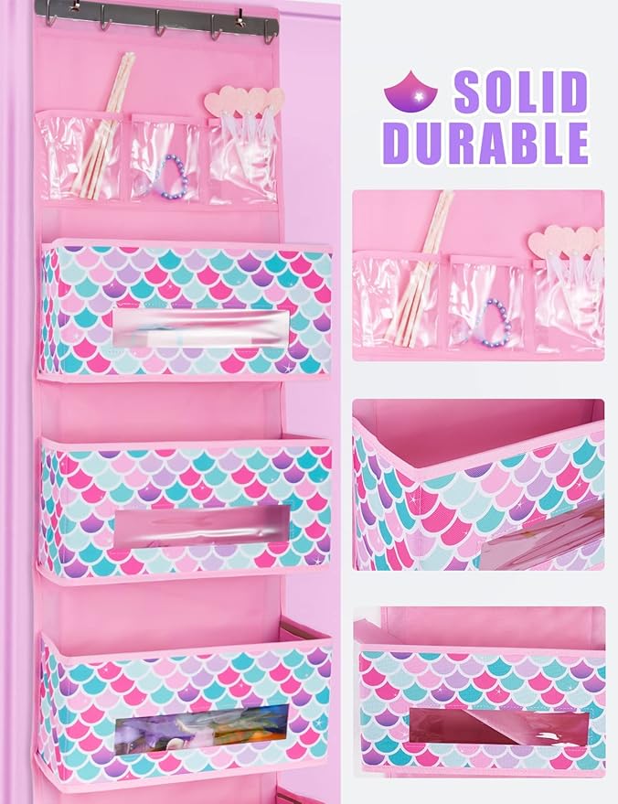 WERNNSAI Mermaid Door Hanging Organizer - Over The Door Storage with 4 Large and 3 PVC Pockets Baby Storage Toys Towels Sundries for Kids Girls Room Nursery Bedroom