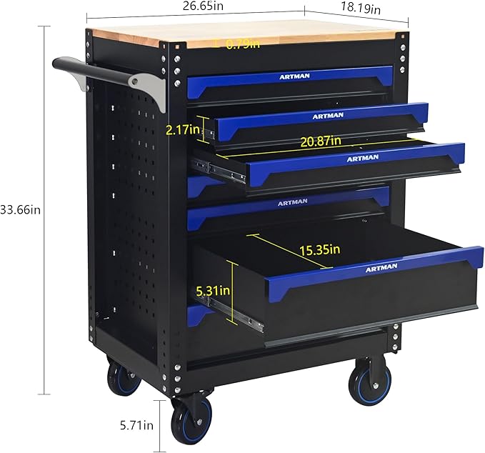 30 Inch Rolling Tool Chest with 7 Drawers, Steel Tool Cabinet with Wood Countertop, Lockable 360° Swivel Casters, Stand Up Toolbox, Portable Garage Tool Box for Home, Workshop (Black+Blue)