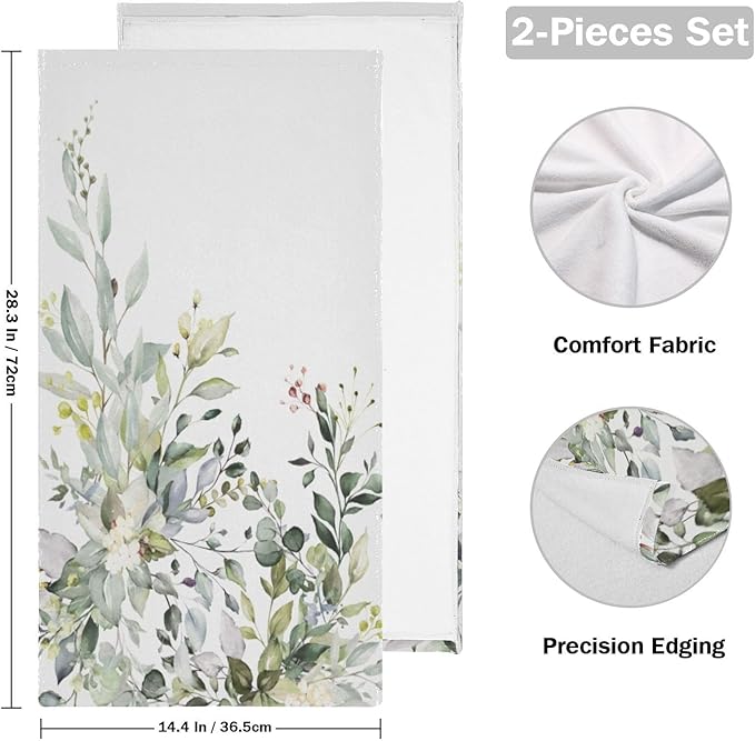 2 Pack Eucalyptus Hand Towels,Microfiber Absorbent Watercolor Sage Green Leave Bathroom Towels,Quick Drying Plant Floral Kitchen Towels,Leaf Hand Towels for Bathroom,Shower,Guest,Face 14"x28"