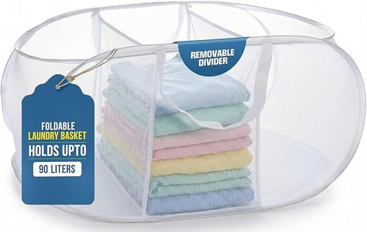 Foldable Laundry Basket - Popup and Collapsible, Durable Mesh Material, Folds for Storage, Easy Carry Handles - Great Hamper for College Dorm, Laundry Room or Travel (White, 3-Compartments)