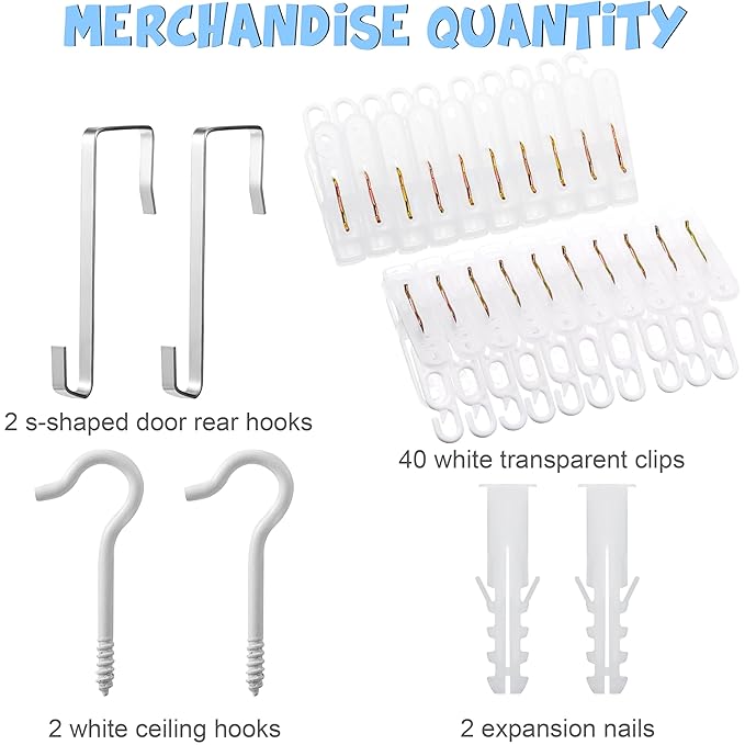2 Pcs Stuffed Animals Storage Chain Hanging Stuffed Animal Organizer with 40 Plastic Clips 79'' Plush Toys Display Holder with Hooks for Wall Decor Bedroom Play Room Storage Hats Socks Cards