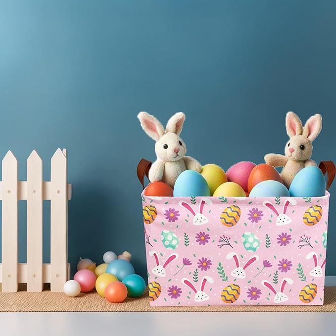 Kid Large Empty Easter Basket Personalized Fabric Bunny Easter Basket for Boy and Girl (Rabbit Easter Egg Pink)