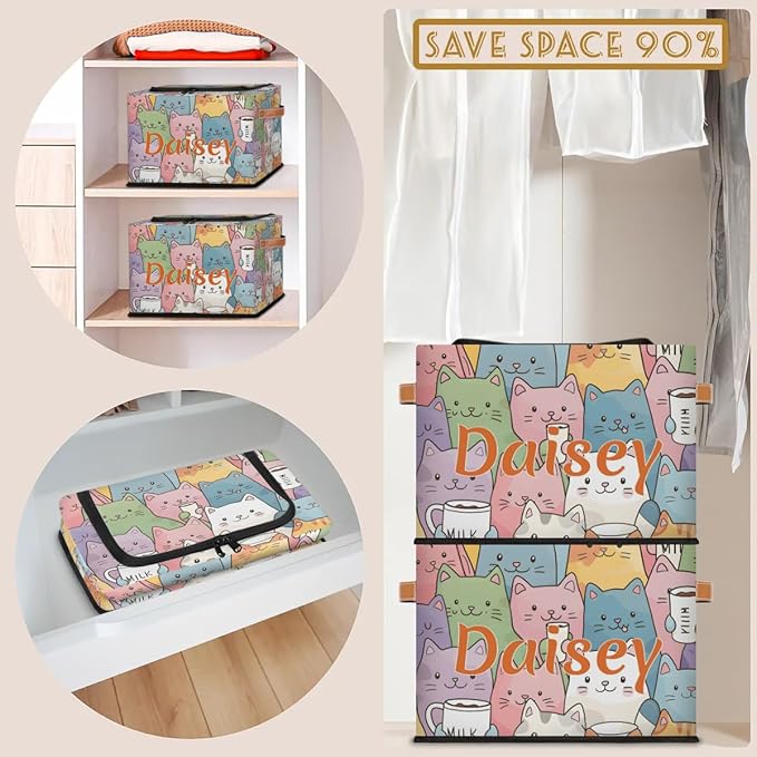 Custom Cute Cats Storage-Bin With Zipper Lid for Kids-Girls-Boys-Baby-Pet,Personalized Name Foldable Storage Box with Handle,Baby Basket With Label for Bedroom Nursery Toy Clothes,Multi