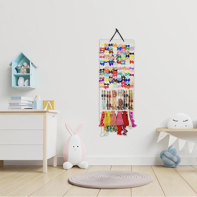 Hair Bow Organizer for Girls, Baby Hair Clips Holder Wall Hanging, Large Felt Bow Storage Display for Girls Hair Bows & Claw Clips, Ribbons, Headbands – Nursery Room Decor (Ivory White)