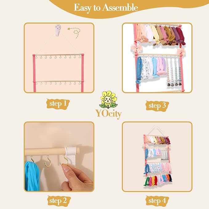 Baby Headband Organizer - Bow Holder & Clip Storage for Girls' Hair Bows - Wall Hanging Decor (Pink)
