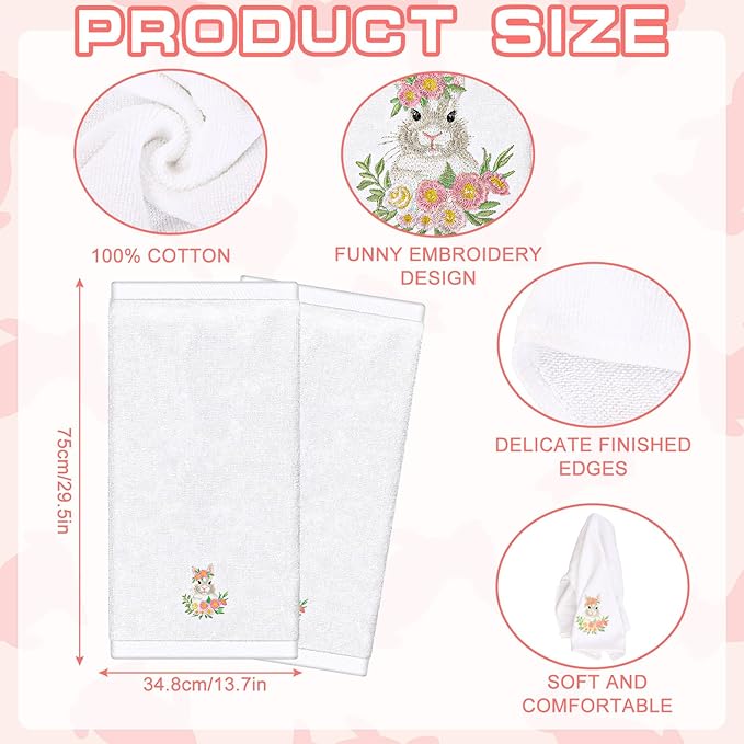 2Pcs Easter Hand Towels Floral Bunny Cotton Embroidered Bathroom Towel Spring Flower Rabbit Absorbent Bath Towels for Drying Cleaning Cooking, 29.5 x 13.7 Inch