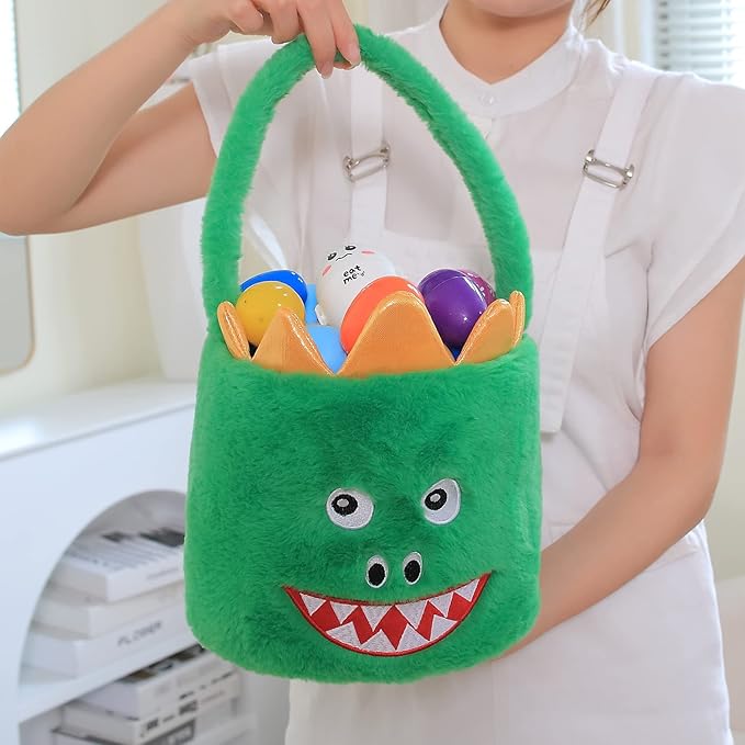 DearSun Exquisite Embroidery ! Personalized Plush Dinosaur Basket Easter Egg Hunting Baskets with Embroidery Name (Green Plush Dinosaur Basket)