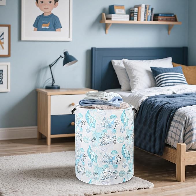 Beach Laundry Basket for Ocean Room Decor Coastal Sea Nursery Hamper Gift for Kids Boys Bin for Bathroom Bedroom Dorm, 17.71"x13.77"