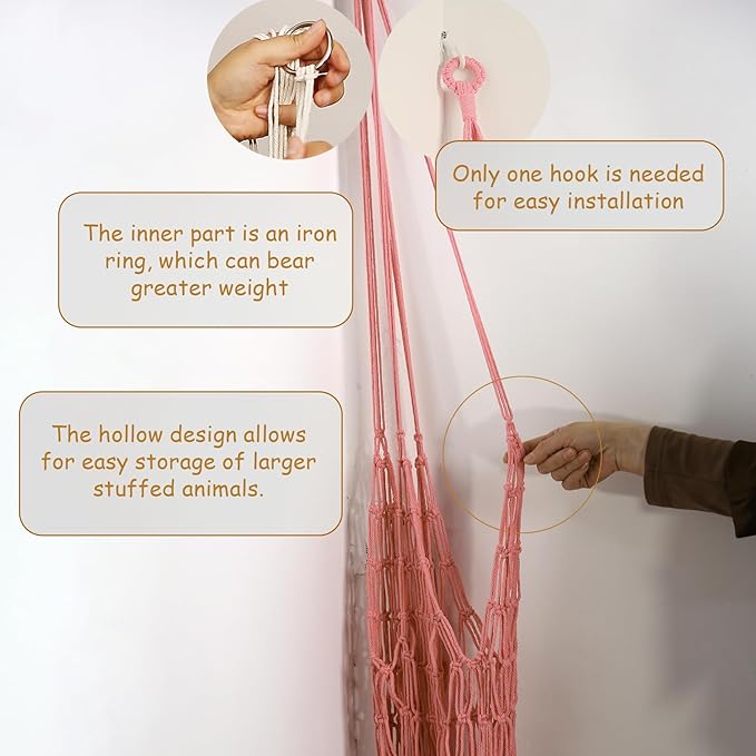 Stuffed Animal Storage Hammock Corner Hanging Net Stuffy Animal Hammock Macrame Toy Display Plush Toy Holder for Kid Bedroom Decor Boho Nursery Playroom Organizer (pink)