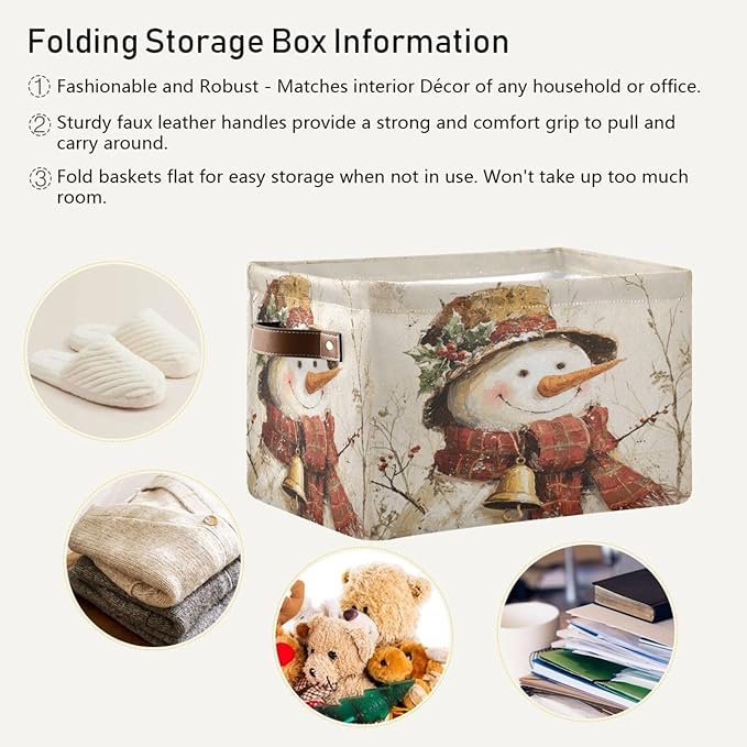 Christmas White Snowman Print Rectangular Storage Bin Basket with Handles - Nursery Storage Laundry Hamper Storage Baskets