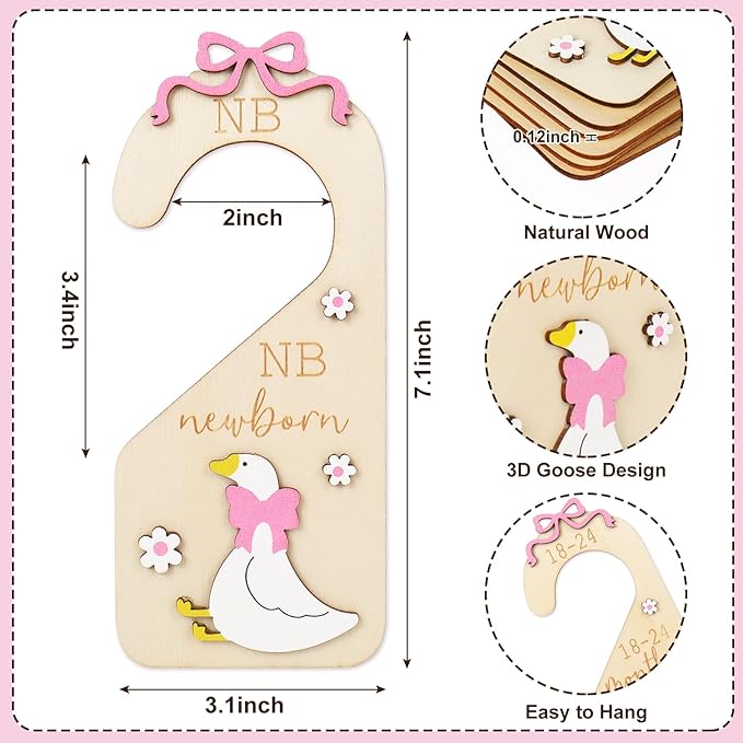 7Pcs Goose Wood Baby Closet Size Dividers with Storage Bag Pink Bow Goose Hanging Closet Organizer Newborn to 24 Month Infant Wardrobe Organizer for Home Nursery