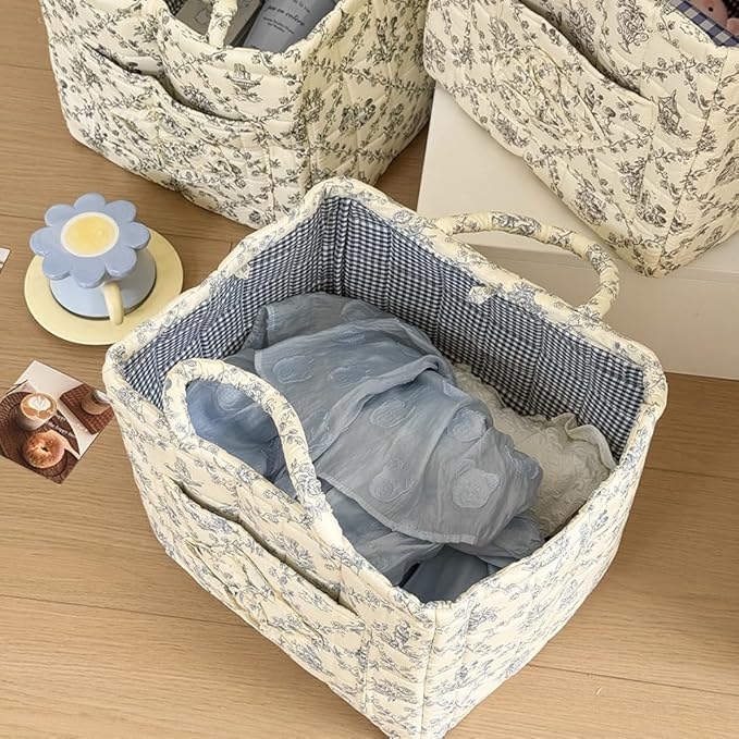 JQWYGB Foldable Laundry Basket Boho Bear Storage Basket Floral Quilted Fabric Car Storage Basket Handles Large Laundry Baskets for Clothes and Dolls