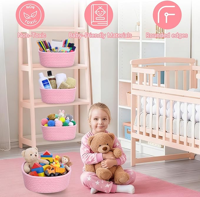 Yinkin 12 Pack Small Storage Basket Cute Natural Cotton Rope Woven Basket Tiny Boho Decorative Toy Storage Bin Gift Baskets for Home Organizing, Closet, Shelf, Nursery, Bathroom(Round,Pink)