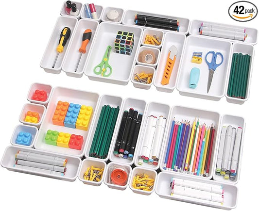 42 Pack Interlocking Desk Drawer Organizer Tray Dividers Plastic Shallow Narrow Drawers Organizers Separators Storage Bins Container for Kitchen Bathroom Makeup Office Vanity Dresser White
