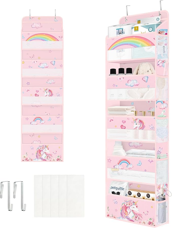 Clastyle Rainbow Unicorn Girl Over The Door Organizer Storage Pink Heart Star 5 Shelves Closet Nursery Hanging Shelves Clothes Diaper Stuffed Animal Toy Storage for Newborn Baby Essential