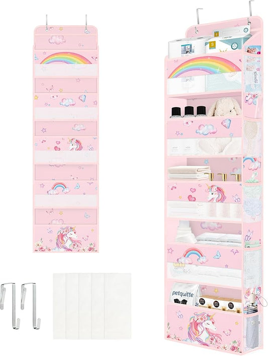 Clastyle Rainbow Unicorn Girl Over The Door Organizer Storage Pink Heart Star 5 Shelves Closet Nursery Hanging Shelves Clothes Diaper Stuffed Animal Toy Storage for Newborn Baby Essential
