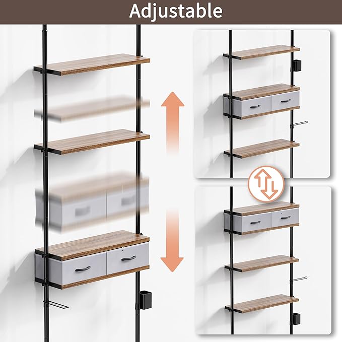 YIGII Over The Toilet Storage, 4-Tier Adjustable Bathroom Shelves Over Toilet with 2 Drawers, Above Toilet Storage Cabinet Bathroom Organizer Wooden Shelf, 25-114.2 Inch Heights