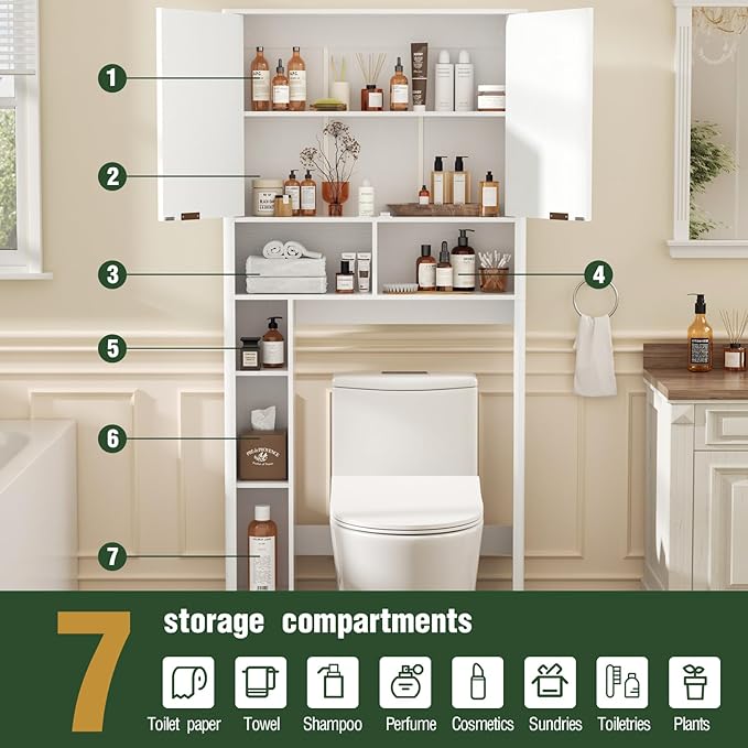 31" W Over The Toilet Storage Cabinet with Fluted Door, White Bathroom Organizer with Adjustable Shelf, 67''H Tall Toilet Paper Holder Stand Wave Door for Restroom, Laundry Room
