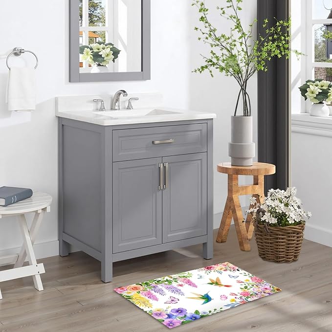 Hummingbird Flowers Bath Rug, Watercolor Spring Floral Butterly Bathroom Mats 32x20 Inch, Birds Plant Non-Slip Absorbent Bathroom Rugs for Bedside Shower Room Bathtub Kitchen Sink