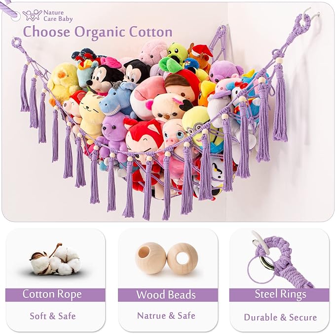 Stuffed Animals Hammock Corner Hanging Net with Wooden Beads Macrame Stuffed Animal Storage Ideas Plush Holder Toy Organizer for Boho Nursery Playroom Bedroom Kids Room Decor (purple, X-Large)