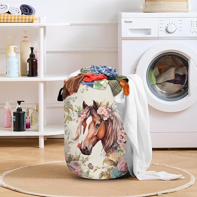 Pink Flower Horse Laundry Basket with Sturdy Handles, Floral Animal Collapsible Oxford Cloth Laundry Hamper Organizer Basket for Bathroom Bedroom 15.7x20 Inch
