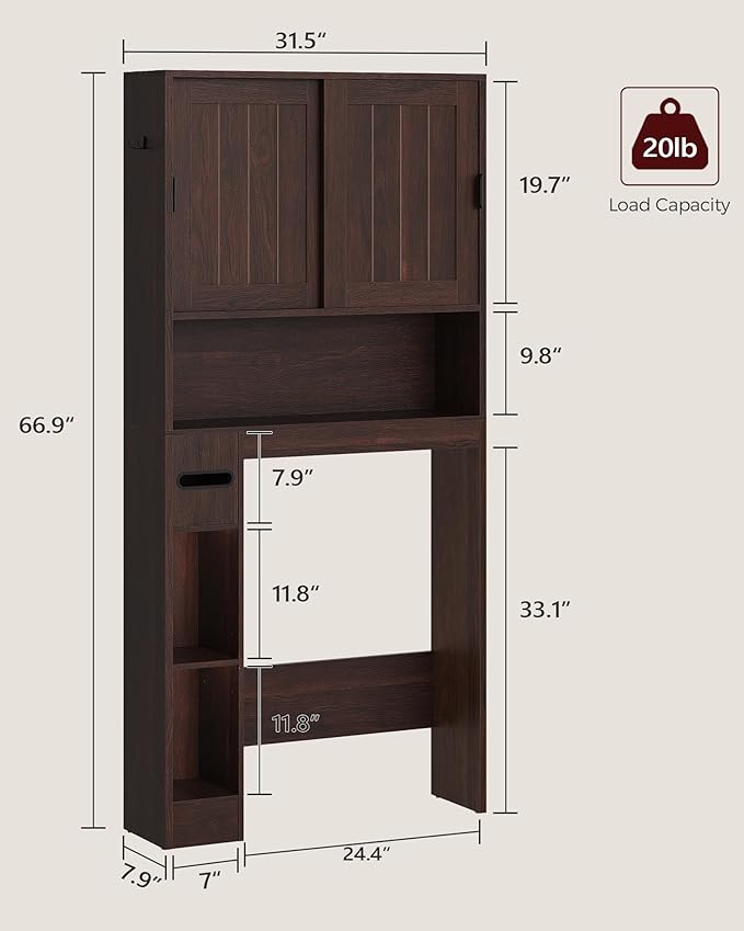 Over The Toilet Storage Cabinet, Farmhouse Storage Cabinet Over Toilet with Sliding Doors, Freestanding Bathroom Organizer with Adjustable Shelf, Space-Saving Toilet Rack, TSZB8001