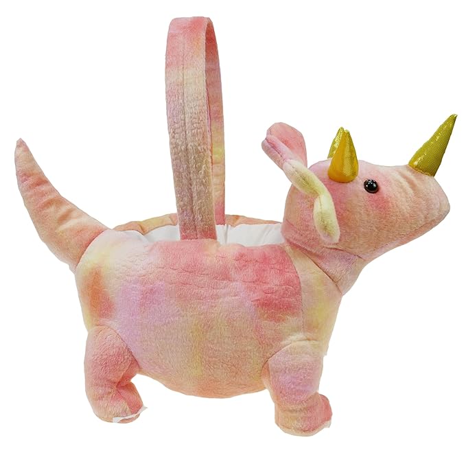 DearSun Exquisite Embroidery ! Personalized 3D Adorable Pink Dinosaur Basket Easter Egg Hunting Basket Easter Gift Basket with Embroidery Name (Pink Plush Triceratops Basket)