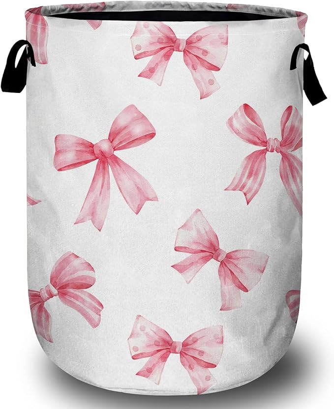 Pink Bow Laundry Basket, Laundry Hamper Collapsible Oxford Cloth with Handle Clothes Toy Storage Bin for Bathroom Laundry Room Bedroom 15.7 X 20 Inch