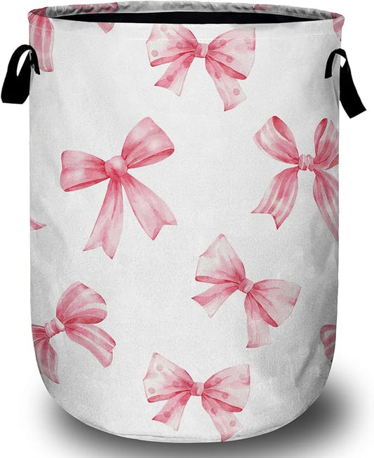 Pink Bow Laundry Basket, Laundry Hamper Collapsible Oxford Cloth with Handle Clothes Toy Storage Bin for Bathroom Laundry Room Bedroom 15.7 X 20 Inch