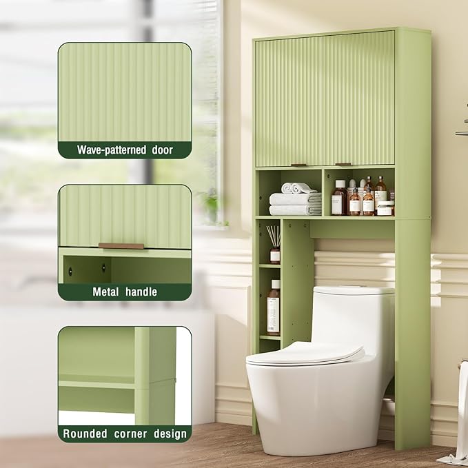 31" W Over The Toilet Storage Cabinet with Fluted Door, Green Bathroom Organizer with Adjustable Shelf, 67''H Tall Natural Toilet Paper Holder Stand Wave Door for Restroom, Laundry Room