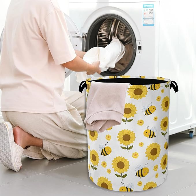 Cute Bee Laundry Basket,SunFlower Foldable with Handles Tote Bag Oxford Cloth for Bathroom Bedroom Dirty Clothes Storage Bucket 16" x 20.8"