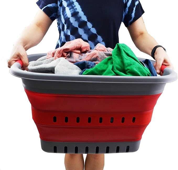 SAMMART 37L (9.77 gallon) Collapsible Plastic Laundry Basket - Foldable Pop Up Storage Container/Organizer - Space Saving Hamper/Basket (1, Grey/Red)