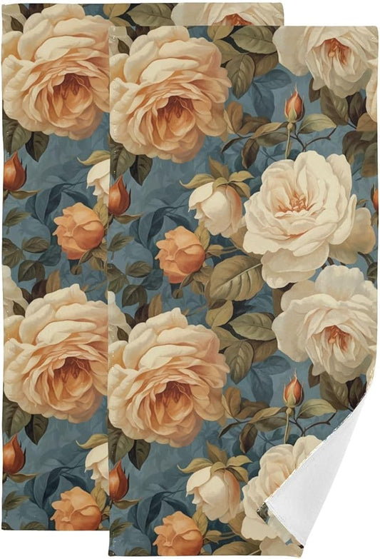 2 Pcs Vintage Orange Rose Floral Hand Towels for Bathroom,Soft Absorbent Retro Elegant Pink Peony Flower Painting Dish Towels for Kitchen,Decorative Bathroom Towels for Face,Shower 14"x28"