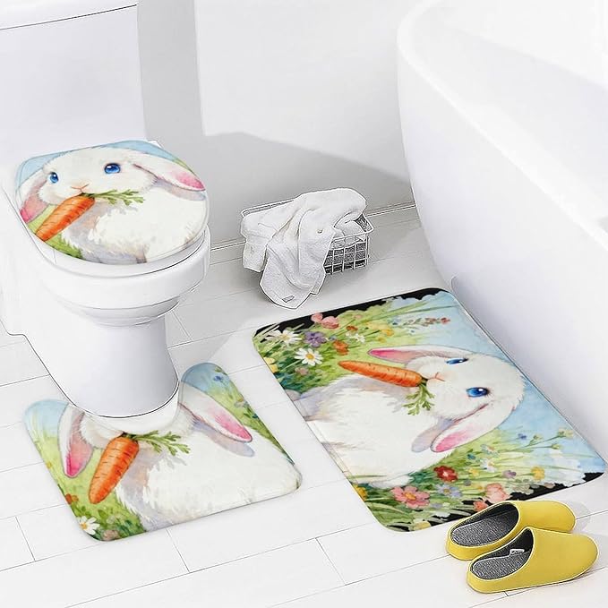 4 Piece Bathroom Rug Set with Shower Curtain, Non-Slip Bath Mat Toilet Cover Set, Lop-Eared Rabbit Bathroom Rug Sets
