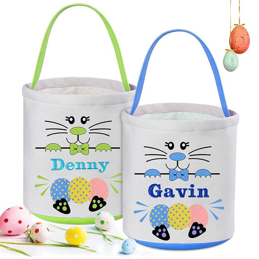 2 Pcs Personalized Easter Basket for Kids, VAPCUFF Easter Baskets for Boys Girls Easter Bunny Basket Easter Basket Bags Easter Gifts Baskets for Kids Easter Empty Basket Easter Egg Hunt Basket
