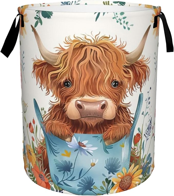 Highland Cow Large Storage Basket,Colorful Flowers Laundry Hamper/Bathroom/Home Decor/Collapsible Round Storage Bin,Boys Girls Dirty Clothes Hamper/Boxes/Toys Storage 16x20 Inch